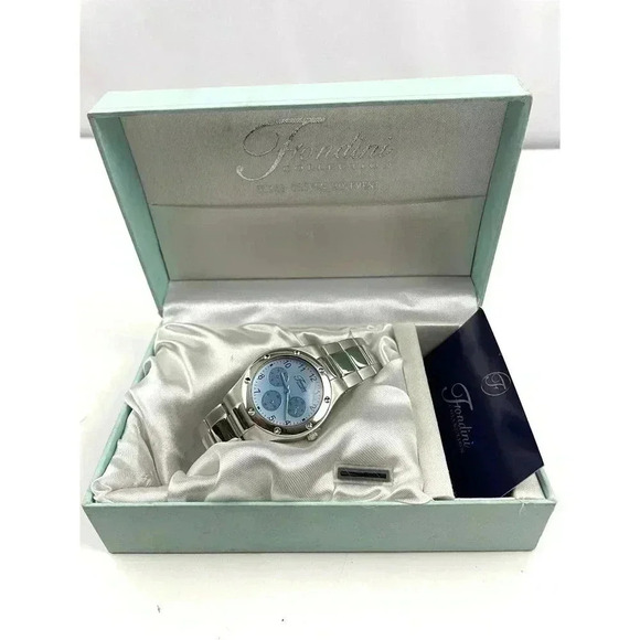 Fondini Watch Silver Blue Face Quartz Womens Original Box Swiss Driven Movement - Picture 7 of 11
